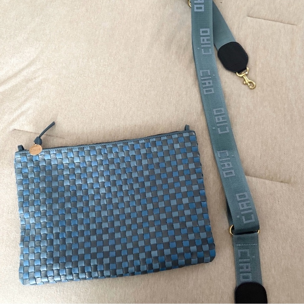 Clare V. Flat Clutch w/ Tabs Light Blue Woven Checker WITH CIAO STRAP